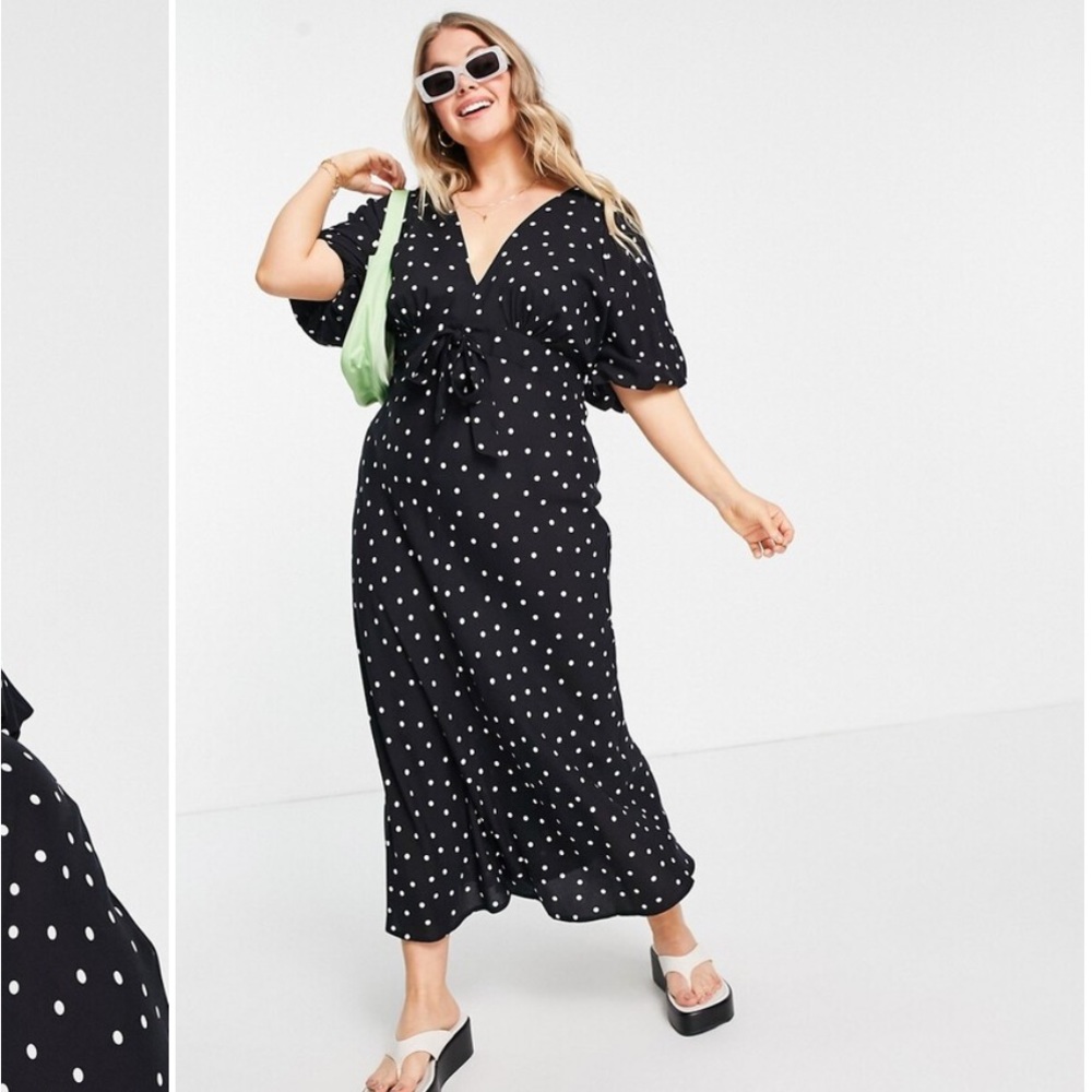 ASOS DESIGN Curve tie front midi tea dress in mono spot size 22